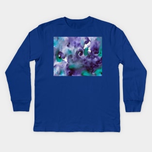 Abstract colorful background with hand-painted frozen texture. Watercolor blue-turquoise-violet painting with splashes, drops of paint, paint smear. Design for the fabric, wallpaper, cover, packaging. Kids Long Sleeve T-Shirt